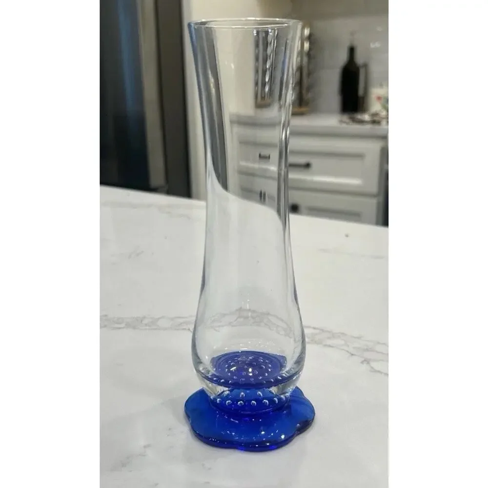 Italian Bormioli Rocco Vase 7.5” Cobalt Blue Flower Shape Base Controlled Bubble